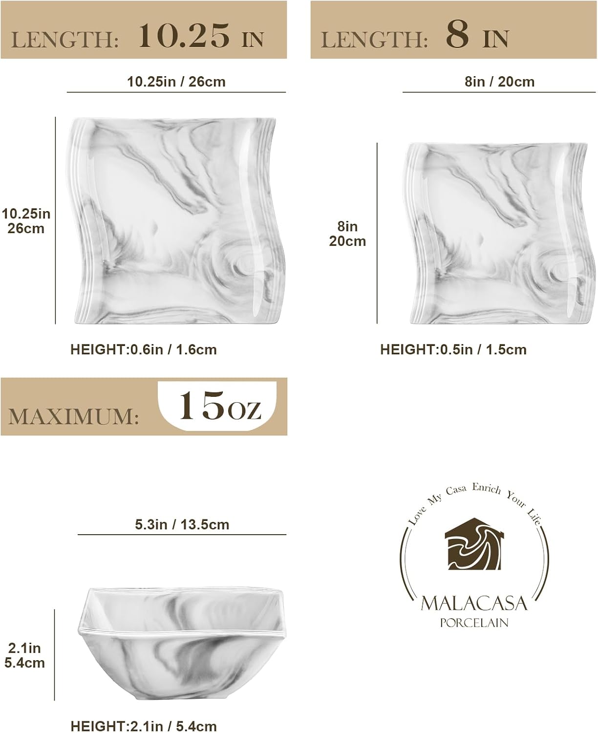MALACASA Plates and Bowls Sets, 26 Pieces Ivory White Porcelain Dinnerware Sets without Mugs, Square Dinnerware with Dinner Plates, Bowls and Serving Platters, Modern Dish Set for 6, Series Flora