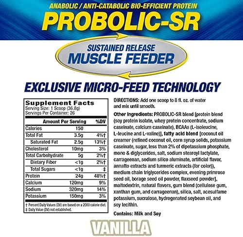 Maximum Human Performance Probolic-SR Sustained Release Protein Powder, 24g Protein, BCAAs, Glutamine, Arginine, Pre-Workout, Post-Workout