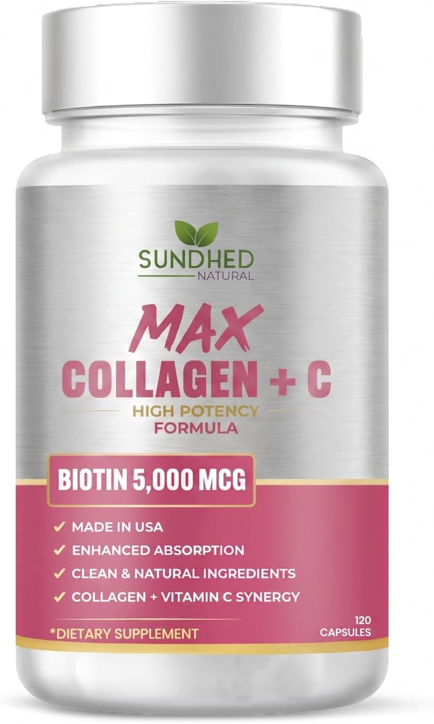 Max Collagen Plus C (60 caps) - All Natural Collagen Capsules with Biotin & Bioperine to Boost Anti Aging Hydration & Skin Firmness - Collagen Pills to Strengthen Bones & Nails
