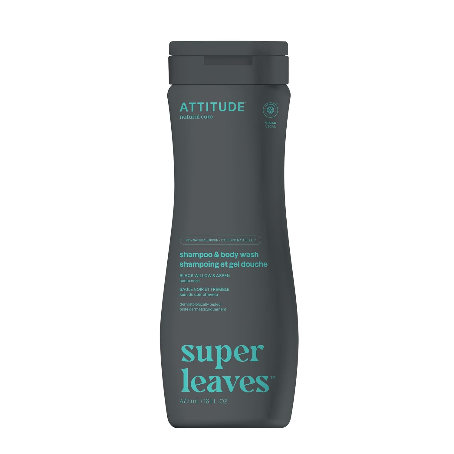 ATTITUDE 2-in-1 Body Wash & Shampoo for Men & Women, EWG Verified, Vegan, Natural Ingredients, Dermatologist-Tested, Ginseng and Grapeseed Oil, 16 Fl Oz