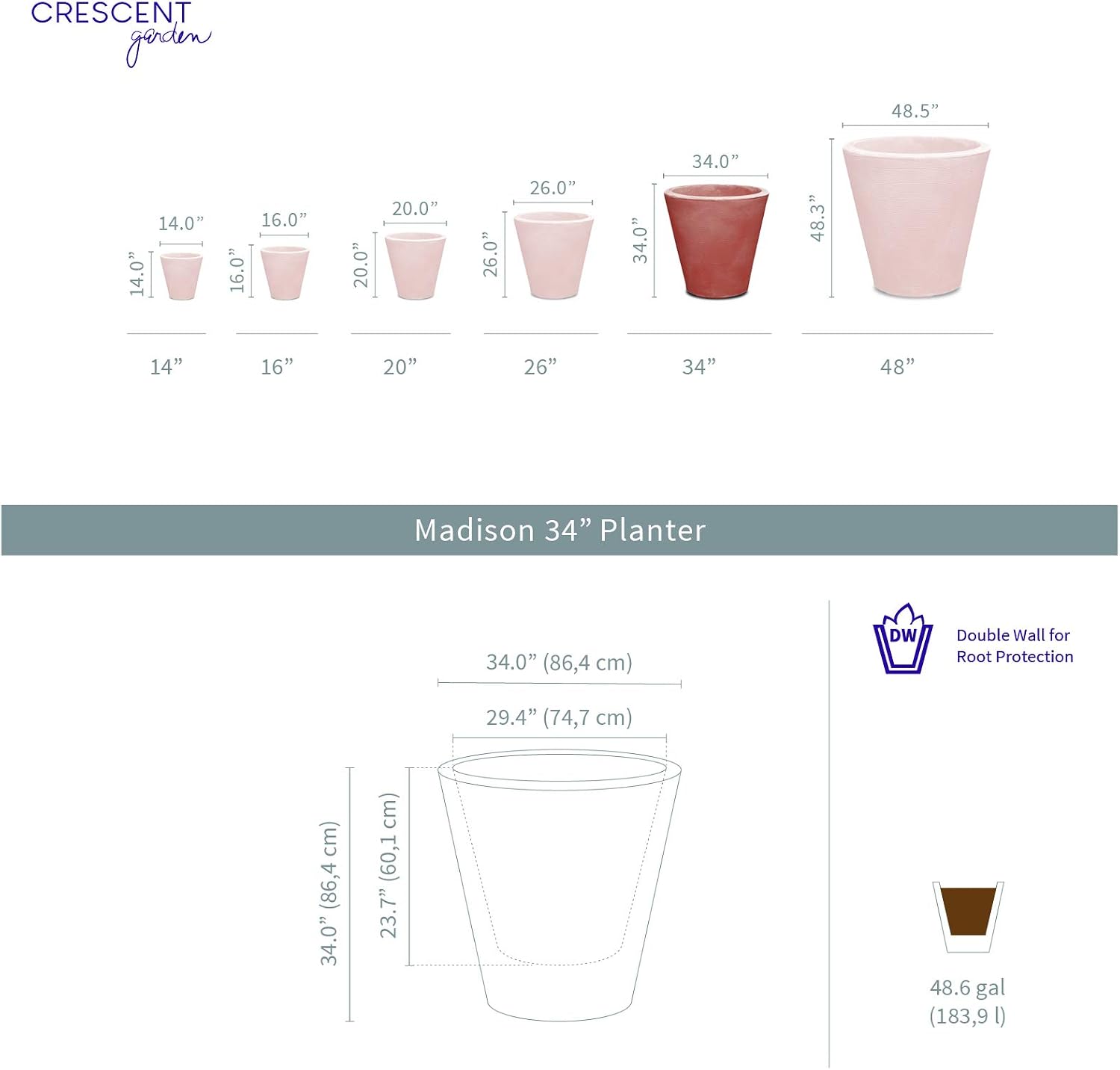 Crescent Garden Madison Planter– Weather-Resistant, Double Walled Indoor/Outdoor Plant Pot with Drain Hole – Durable All-Season Flower Container, 14" W (Cloud White)