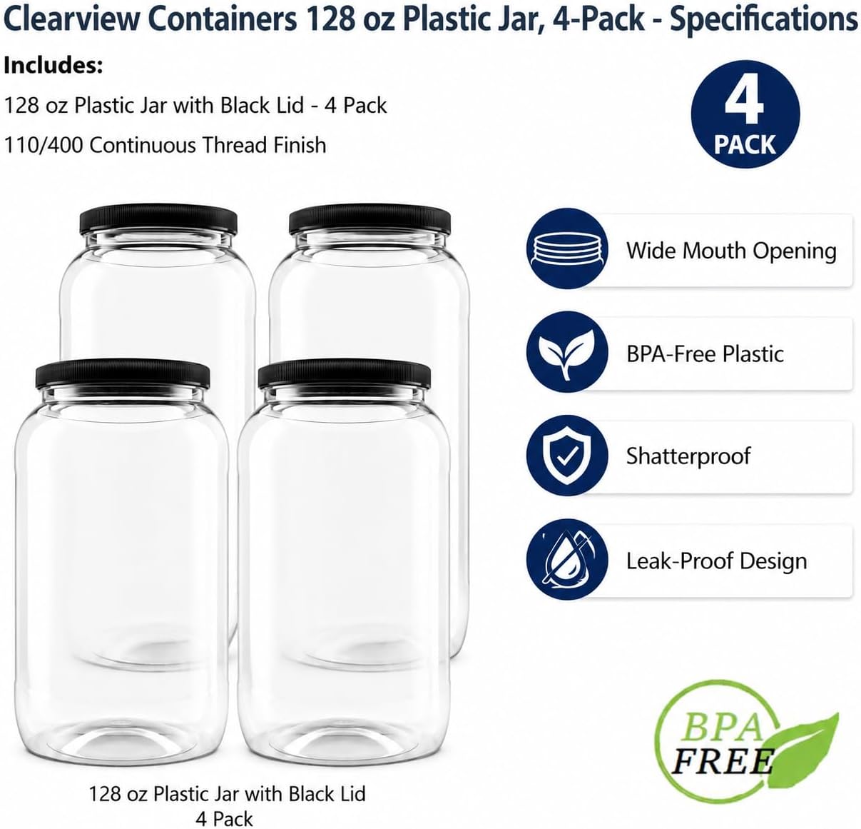 1 Pack - 128 oz (1 Gallon) Plastic Storage Jars with 110-400 Leak Proof Black Lids, Food Grade, BPA Free, Hand Wash Only (128oz, BLK, 1PK)