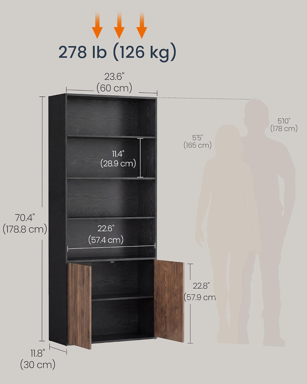 SONGMICS HOME Book Shelf, Snapsemble Superfast Assembly, 6-Tier Floor Standing Bookcase with Doors and Adjustable Shelves, 70.4 Inches Tall for Bedroom Study Living Room, Snow White