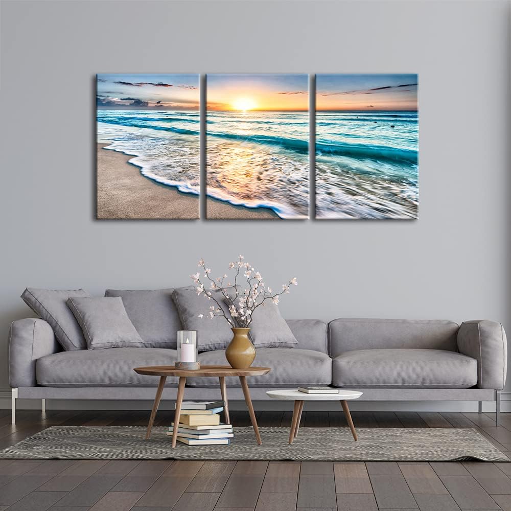 Wieco Art 3 Panel Blue Beach Canvas Wall Art for Home Decor Sunset White Wave Beach Pictures on Canvas Sea View Canvas Prints Artwork for Wall Decor
