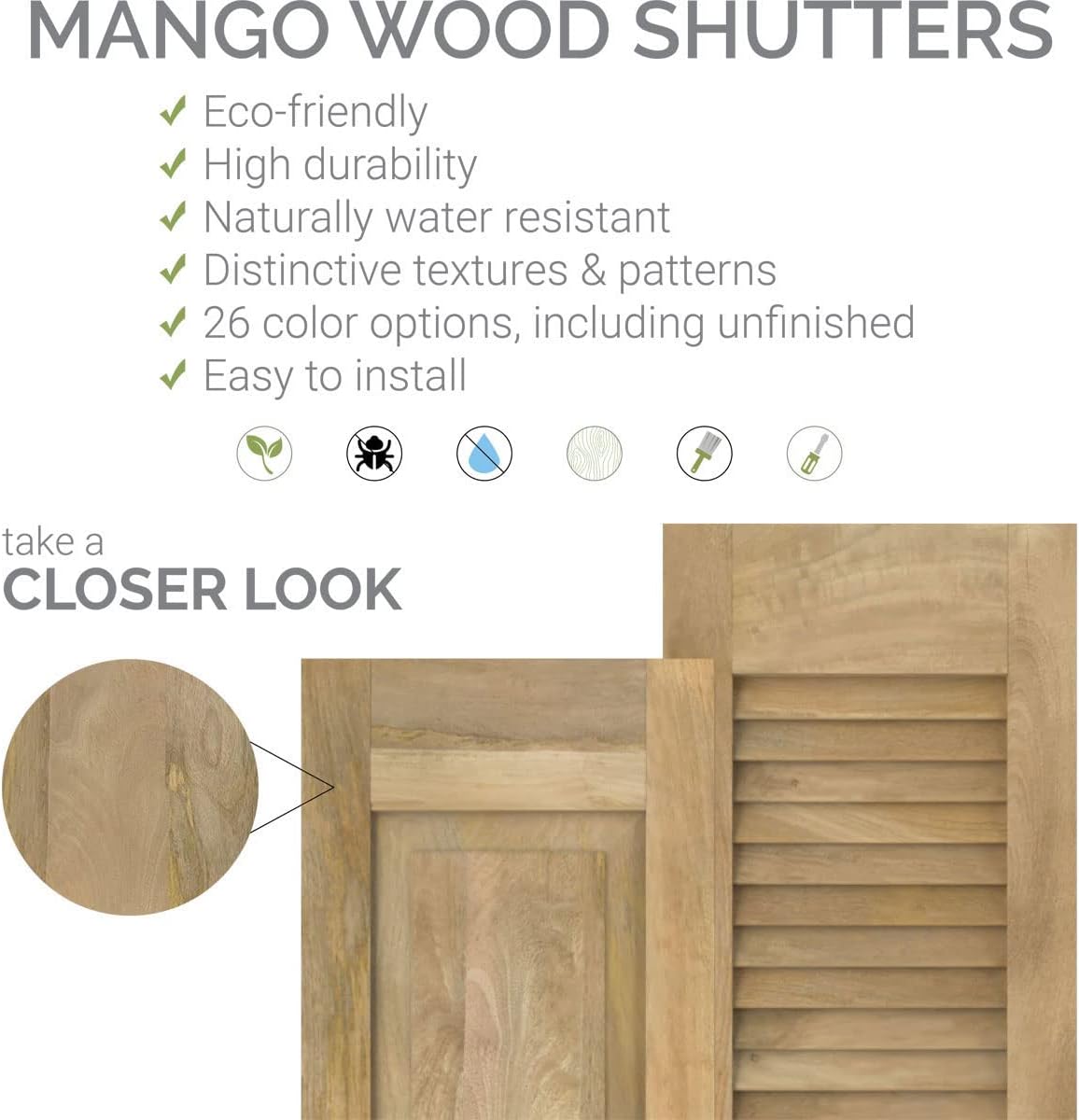 14"W x 58"H Americraft Four Board Exterior Real Wood Two Equal Panel Framed Board-n-Batten Shutters (Per Pair), Unfinished