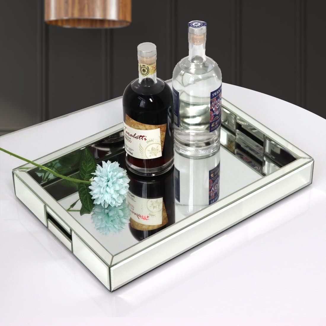 Rectangle Silver Mirror Decorative Tray Size 11” Length x 14” Width x 2” Height, Mirrored Vanity Organizer with Hand