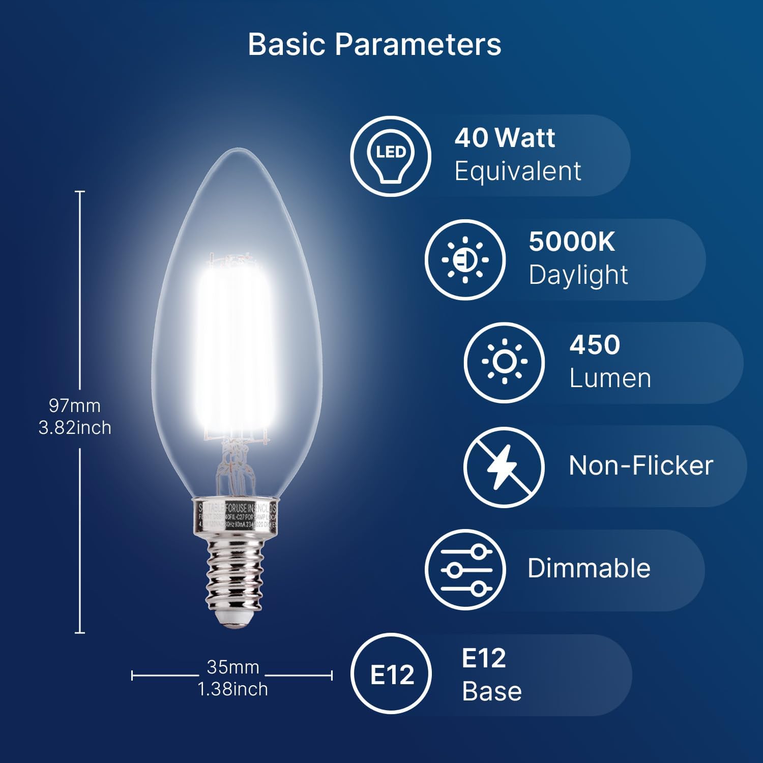 60W Equivalent LED Chandelier Light Bulbs, Dimmable, E12 Base, Clear B11 LED Filament Candelabra Bulbs, 2700K Soft White, 6 Pack
