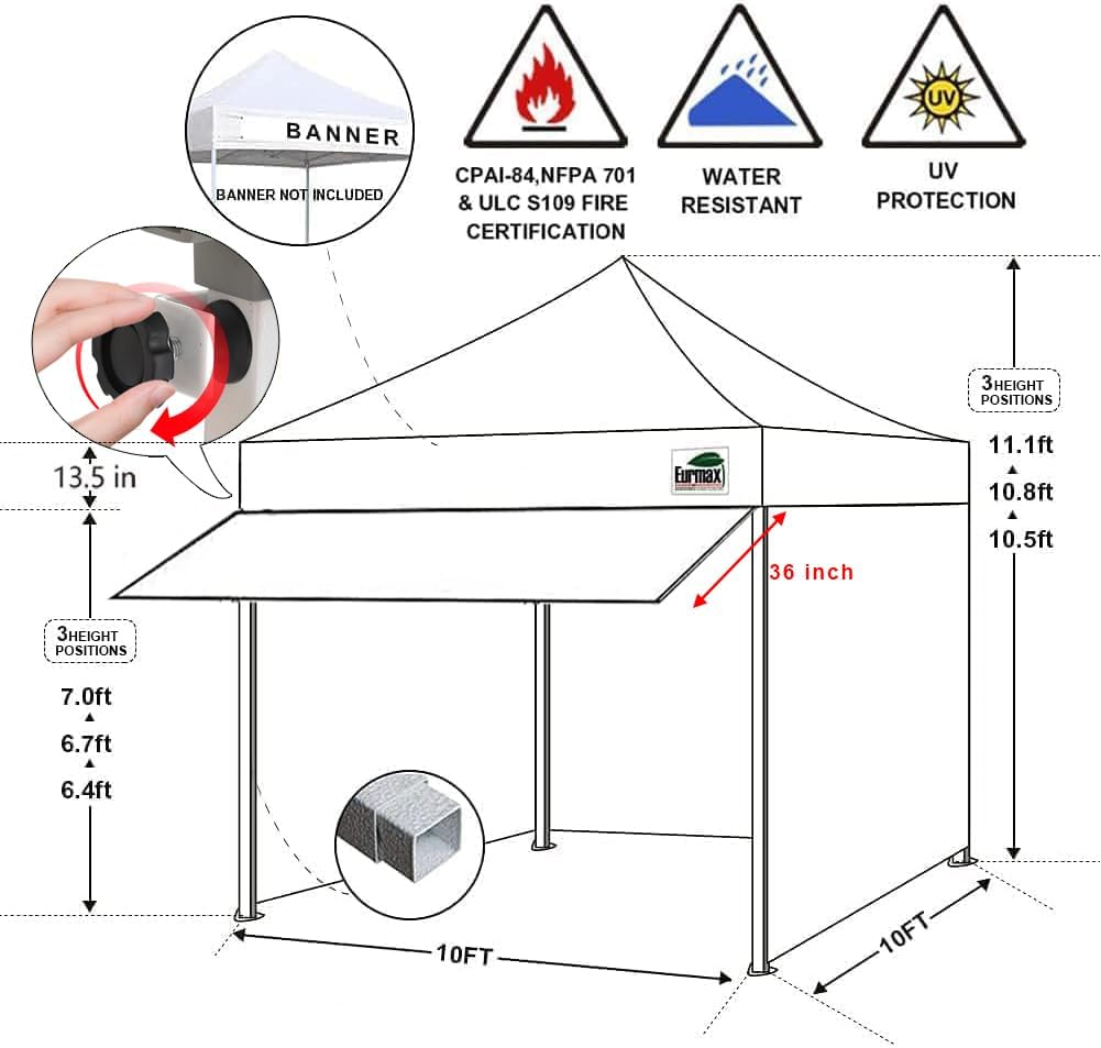 Eurmax USA 10x10 Pop Up Canopy,Commercial Tent with Patented No-Tip Rolling Bag,30sqft Extension Awning & 4 Zippered Removable Walls,UV & Water Resistant,Heavy Duty Instant Shelter Gazebo,White