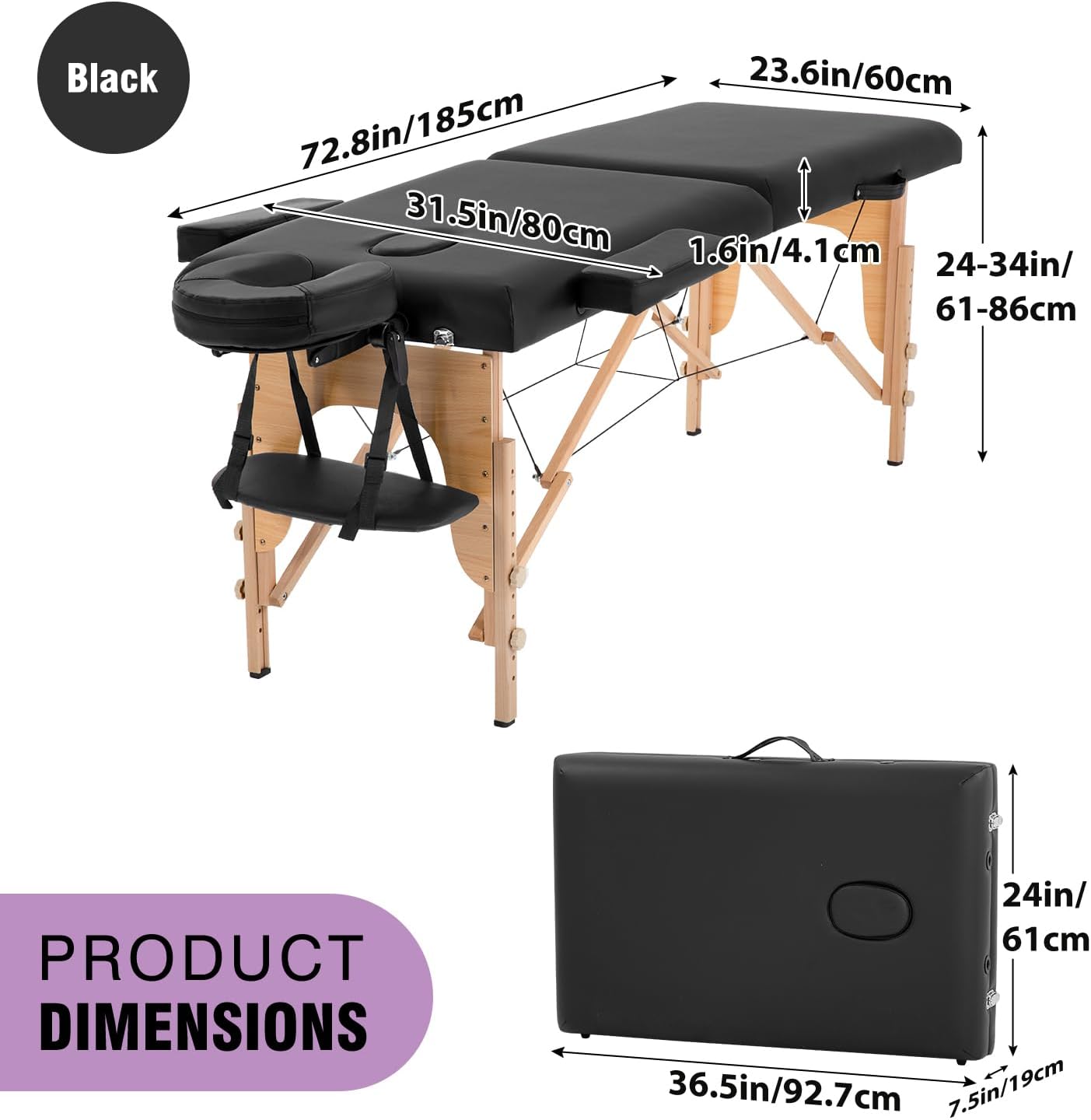 BestMassage | Portable Massage Table | 24" Wide, Black PU Leather | Lightweight, 2-Fold Massage Table with Height Adjustment, 450lbs Capacity, Carry Bag | For Massage, Facial, Tattoo, Home, Spa