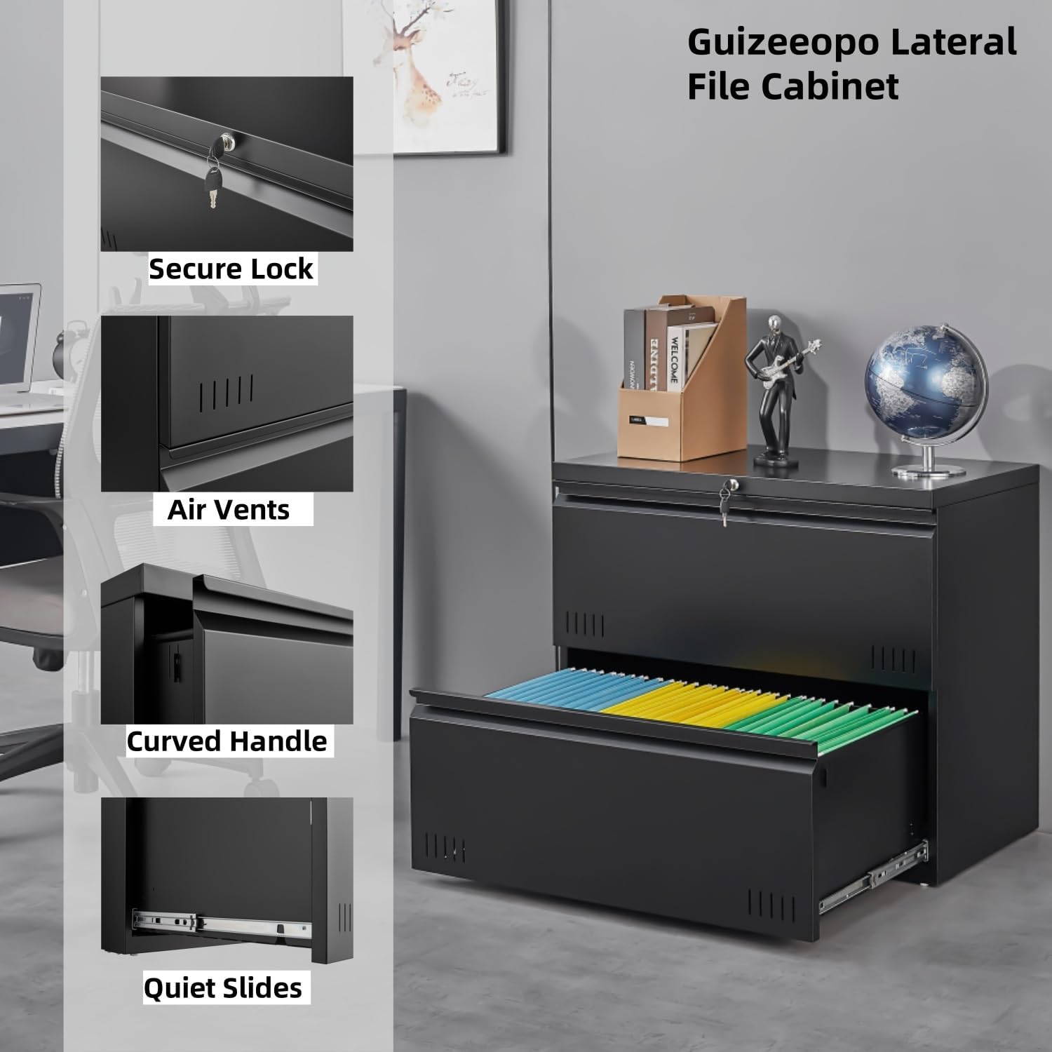 Guizeeopo 3 Drawer File Cabinet with Lock, File Cabinets for Home Office,Under Desk Cabinet, Locking File Cabinet for A4/Letter/Legal, Fully Assembled Expect Casters, Matte White