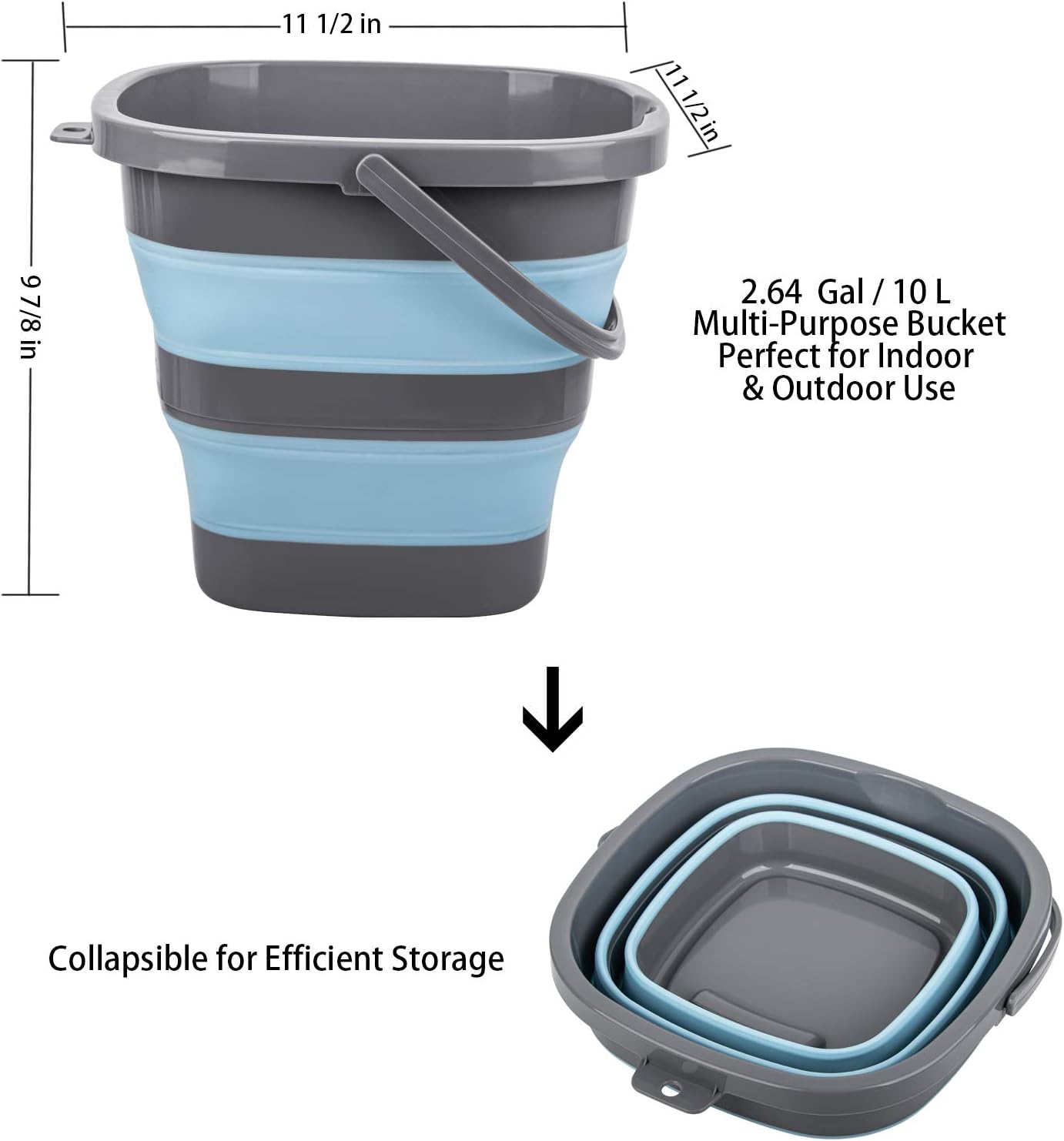 2 Pack Collapsible Plastic Bucket with 2.6 Gallon (10L) Each, Foldable Rectangular Tub for House Cleaning
