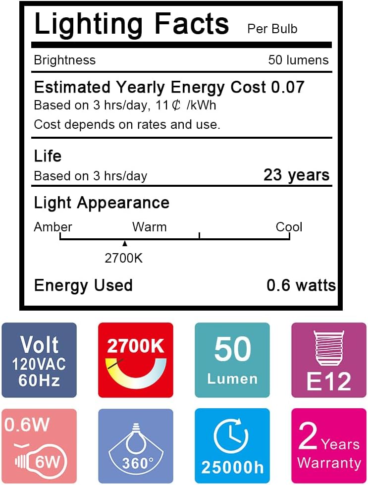 Emotionlite C7 LED Candelabra Bulbs, E12 Base, Warm White 2700K, 4 Pack | lear LED chandelier bulbs, 4W/5W/6W/7W incandescent equivalent with E12 candelabra base