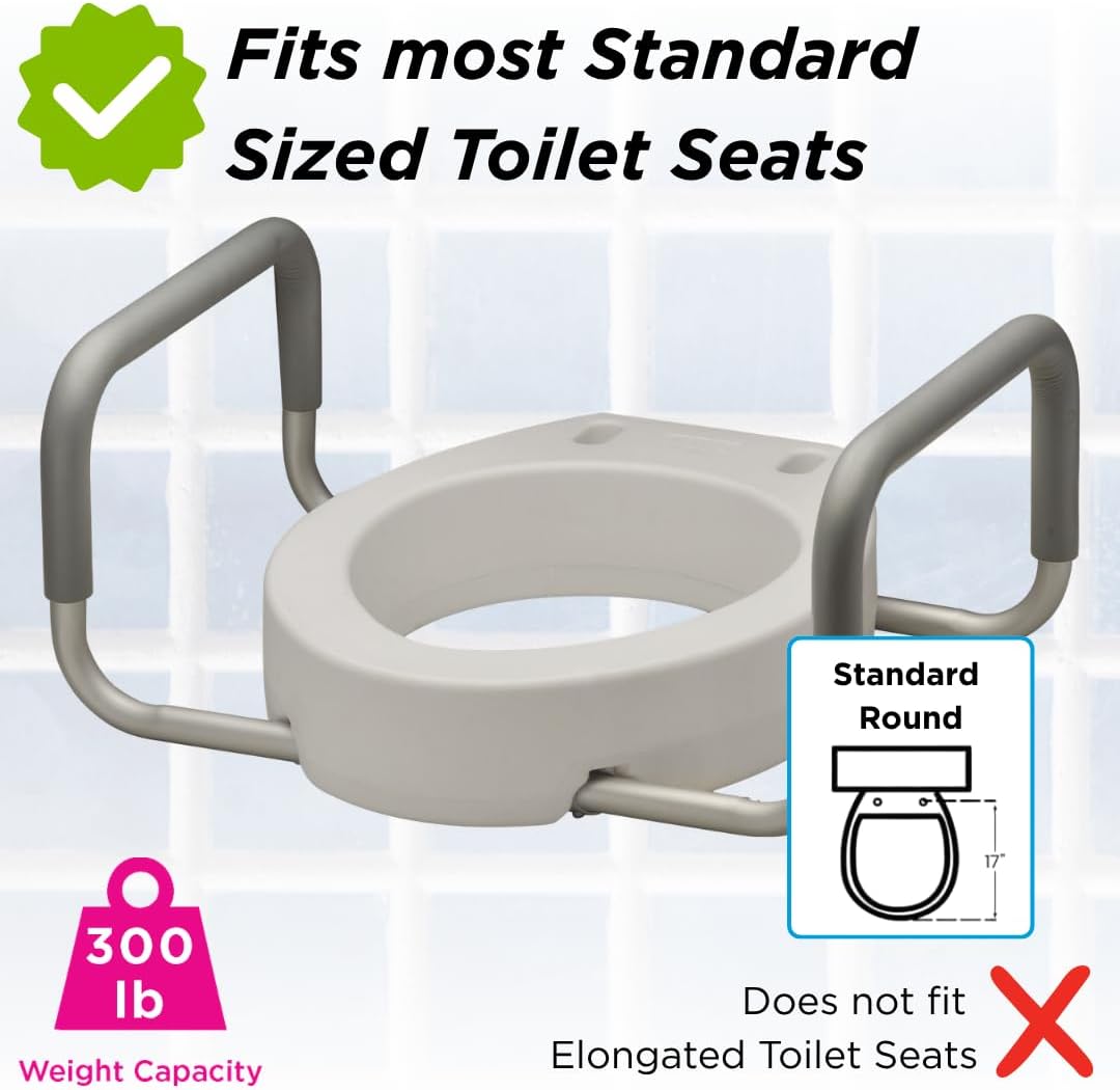 NOVA Raised Toilet Seat with Handles for Seniors – Standard Toilet Riser with Safety Grab Bars, Elevated Toilet Seat for Elderly, Disabled & Post-Surgery Support - Standard Toilet