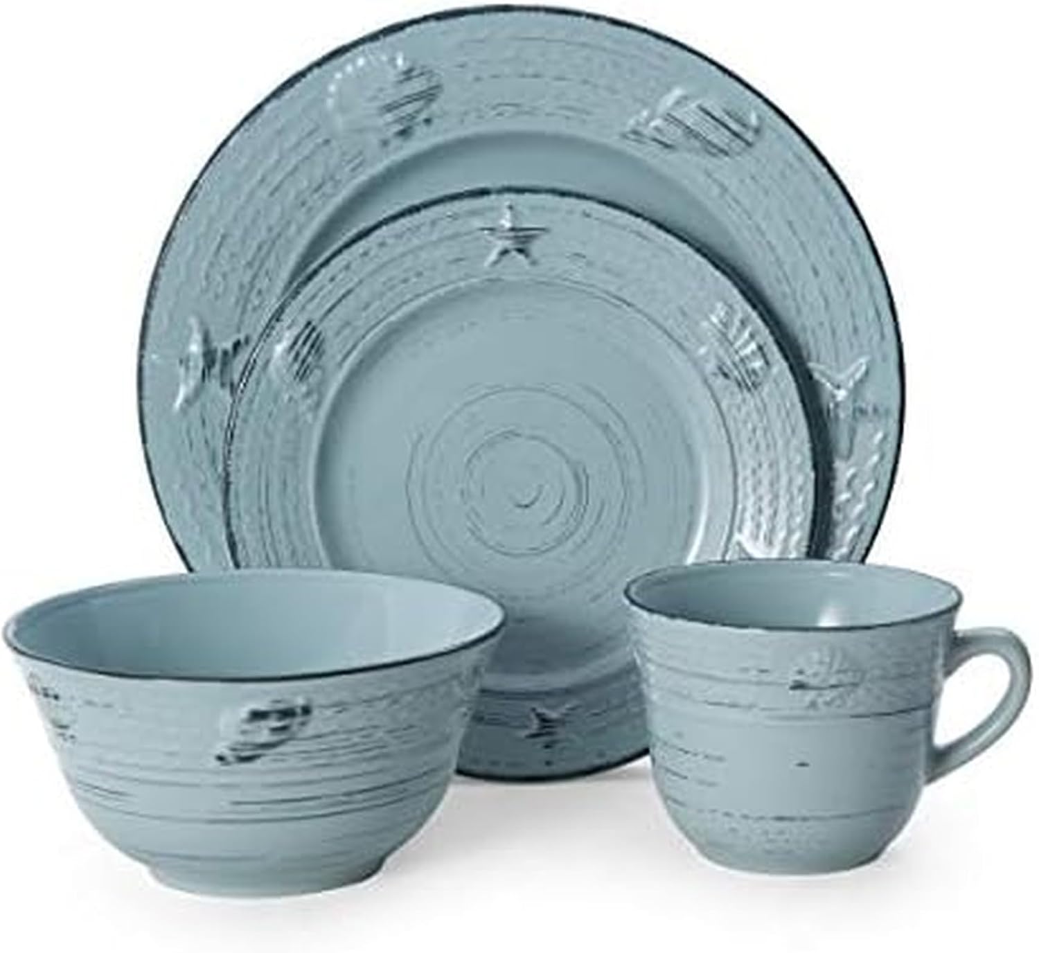 Pfaltzgraff Trellis White 16-Piece Stoneware Dinnerware Set, Service for 4, Distressed White Finish, Microwave & Dishwasher Safe Plates and Bowls