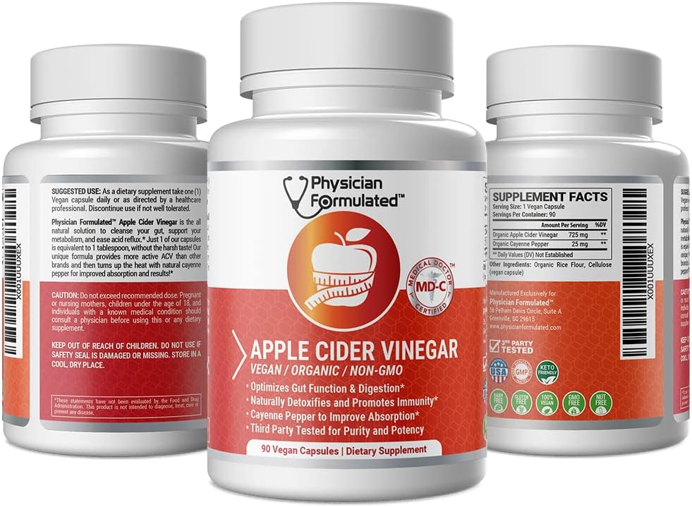 100% Organic Apple Cider Vinegar Capsules 750mg in just 1 Pill Pure Raw Apple Cider Vinegar with Cayenne Pepper for Natural