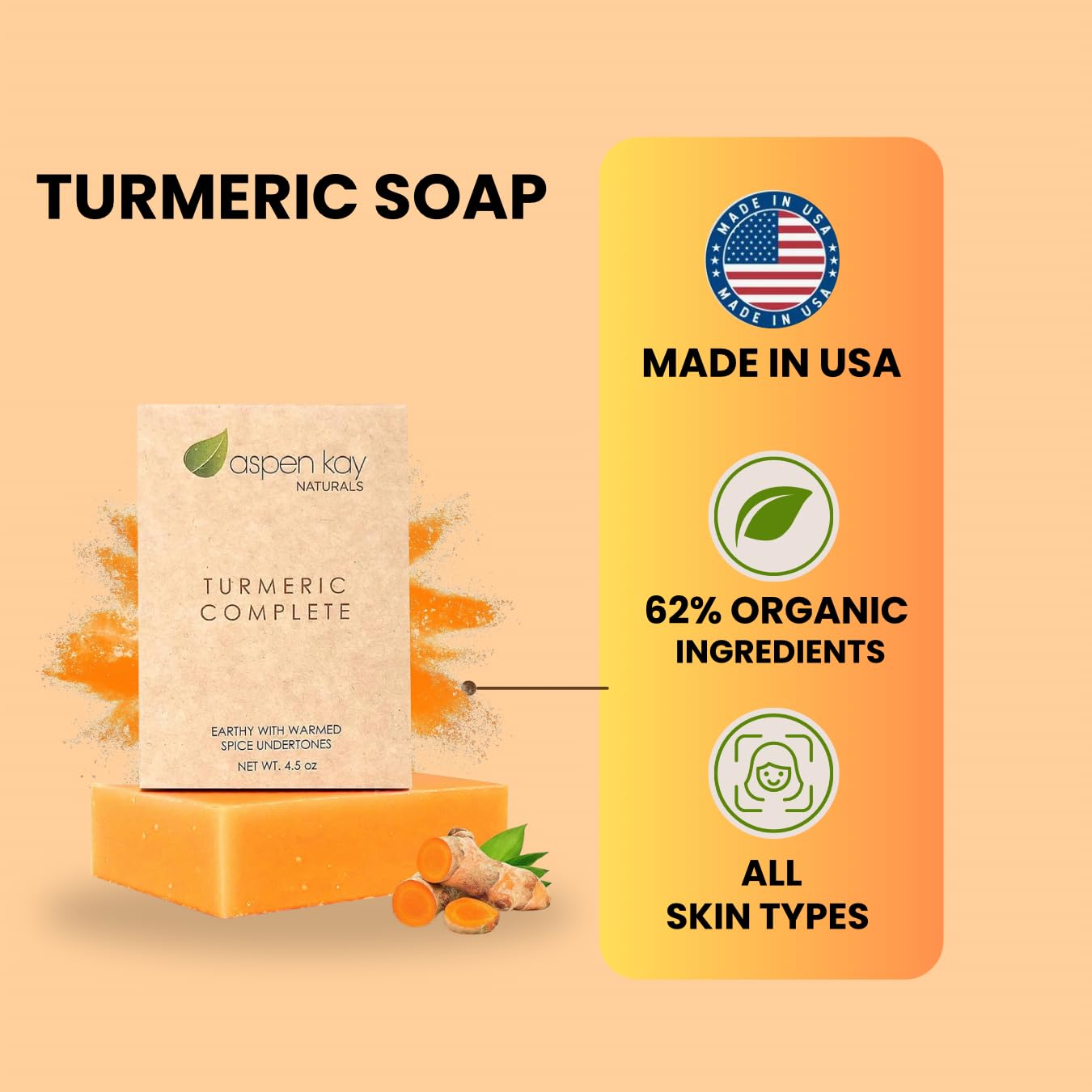 Turmeric Soap for Face & Body, Handmade, Cold Process, Organic. 4.5 oz | Gentle turmeric face wash & cleanser for glowing skin that feels refreshed, soft & balanced. Made in the USA
