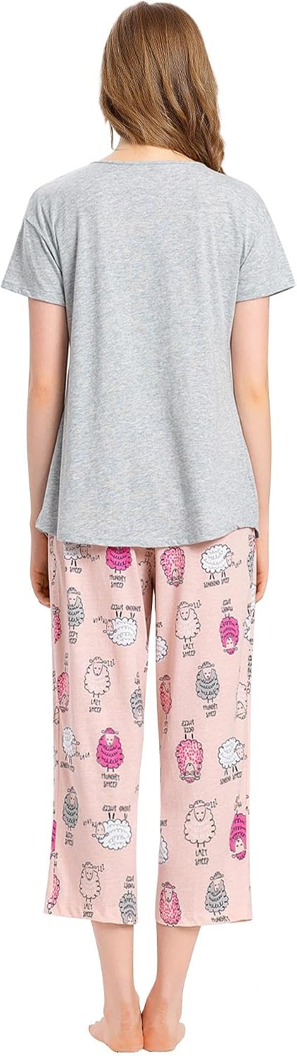 ENJOYNIGHT Womens Pajama Set Cotton Short Sleeve Top With Capri Pants Pj