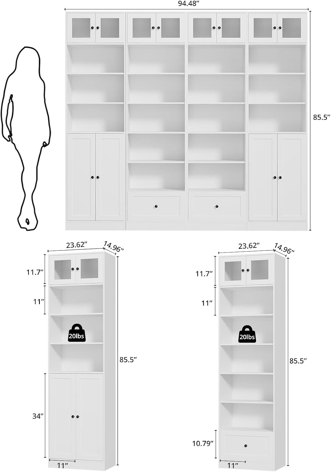 TUSY 85.5 Inch Tall Bookshelf with Doors - 7 Tier Bookcase with Glass Doors and Drawer, 23.6" Wide Storage Cabinet with Open Shelves for Living Room, White Book Shelf for Home Office, Study (AAAA)