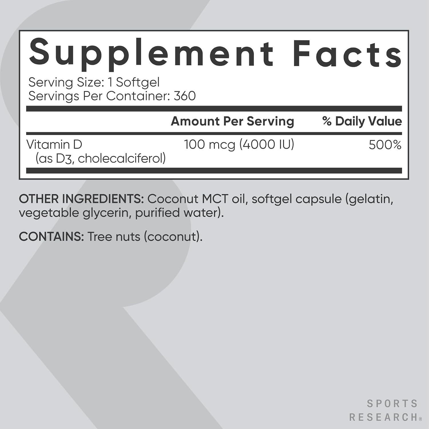 Sports Research® Vitamin D3 5000iu/125mcg with Coconut Oil, 360 Softgels | Extra Strength Vitamin D Supplement | Immune, Bone, Mood Support | Non-GMO, Soy Free - 360 Servings
