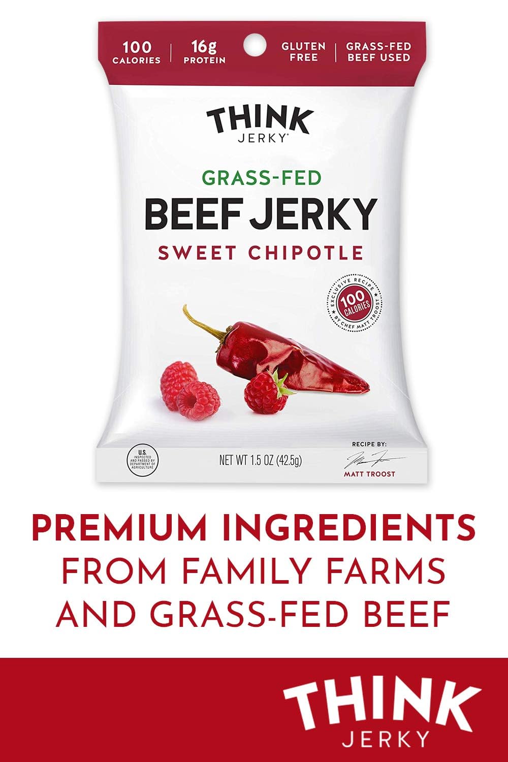 Think Jerky Sesame Teriyaki Beef Jerky, Grass-Fed High Protein Beef Jerky, Gluten Free, No Antibiotics or Nitrates, Healthy Chef Crafted Recipe, Low Calorie and Low Fat - 2.2 oz Bags, 4 Pack