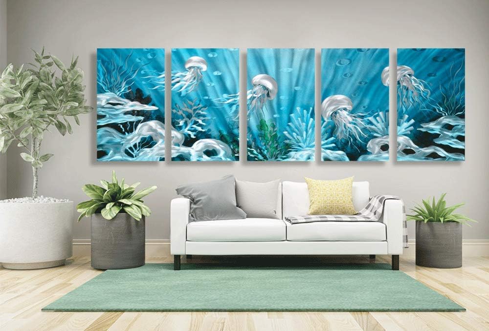 Yihui Arts Handcrafted 3D Metal Wall Art - Ocean Wave Sculpture, 5 - Panel Aluminum Decor for Living Room, Bedroom & Office