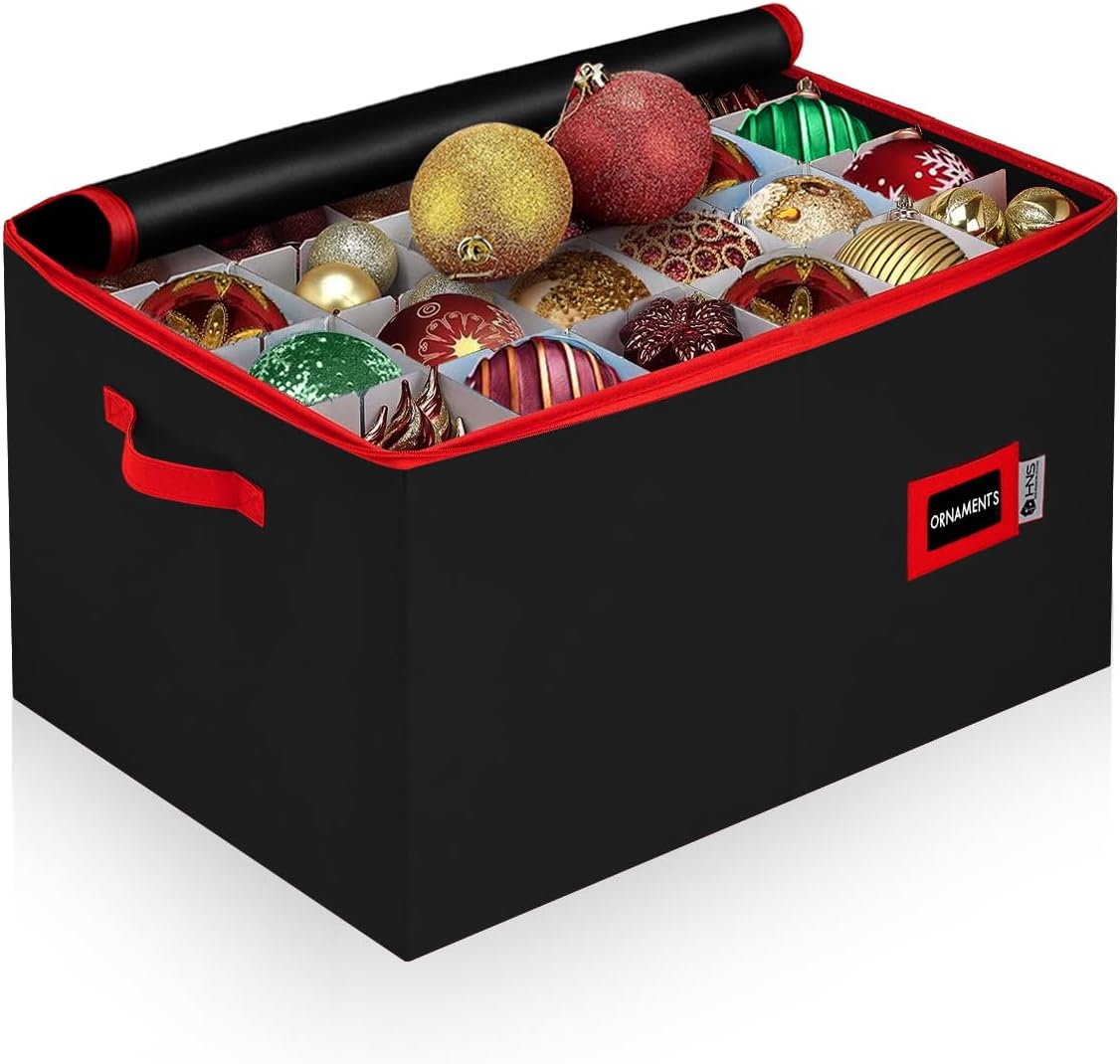 Christmas Ornament Storage Container with Dividers - Box Stores Up to 54 Ornaments, Zippered, Convenient, Adjustable