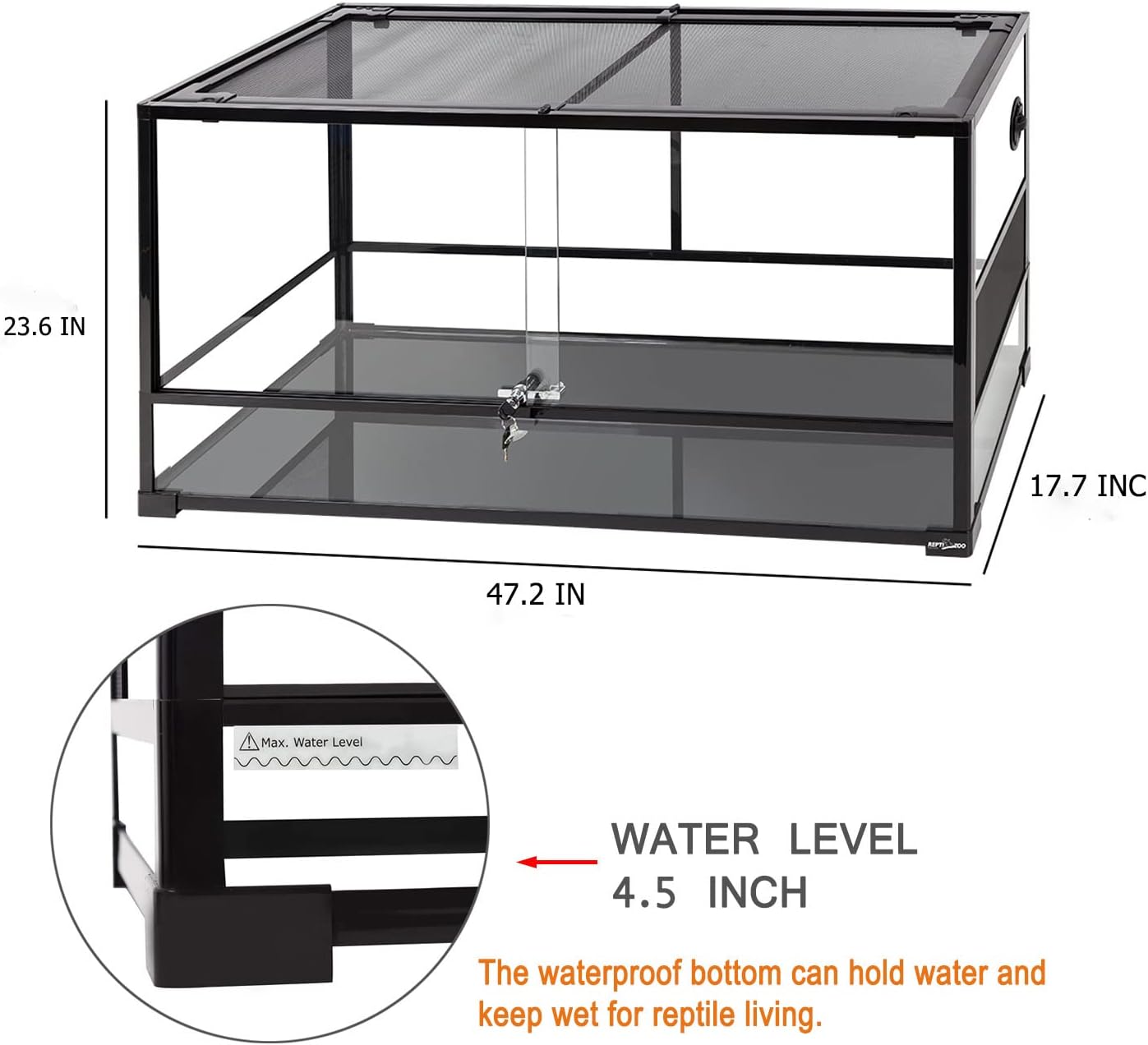 REPTI ZOO 85 Gallon Large Reptile Tank, Wide & Tall Tempered Glass Large Reptile Terrarium 47.2" x 17.7"x 23.6" for Tortoise Snake