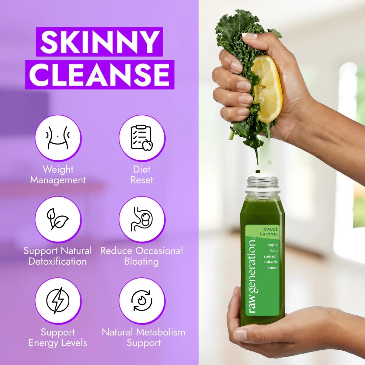 Raw Generation Skinny Juice Cleanse, 5-Day, 30 Cold-Pressed Juice Bottles | Clean ingredients, no added sugar or sweeteners, fruit & vegetable blends, 19g daily protein, at-home reset, cravings support