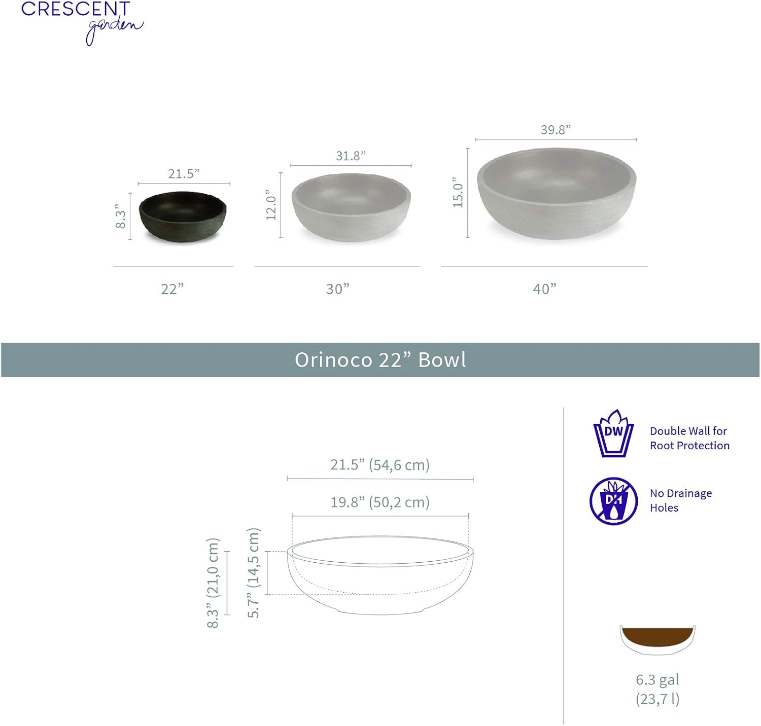 Crescent Garden Orinoco Planter Bowl – Double-Walled Resin Pot for Succulents, Flowers Without Drain Hole - 21" W x 8.25" H (Weathered Concrete)