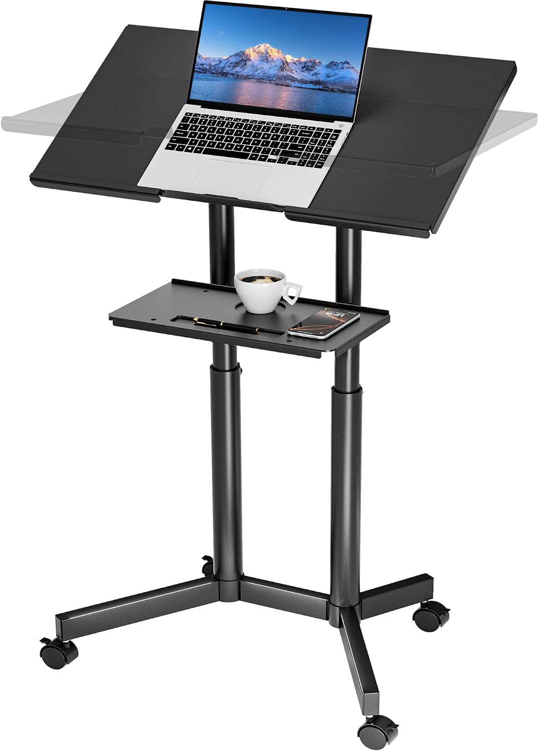 BONTEC Lecterns & Podiums Portable Mobile Standing Laptop Desk, Sit Stand | Height Adjustable, Home Office Classroom Pulpit Stand Up Desk Workstation, Rolling Table Laptop Cart with Storage Tray