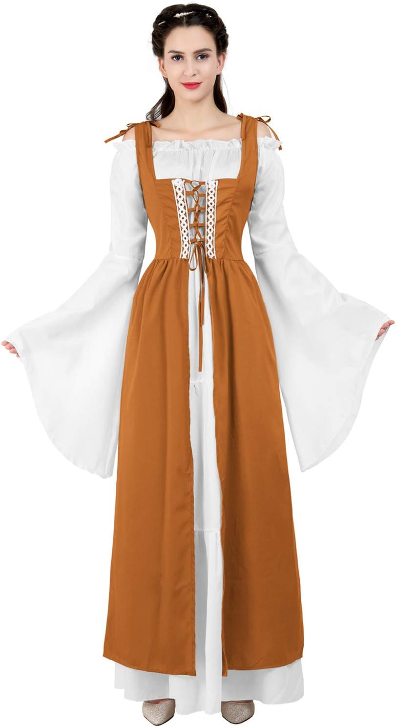 Kranchungel Renaissance Costume Women Dress: Flowy Long Sleeve Medieval Dress for Renaissance Faires & Medieval Festival