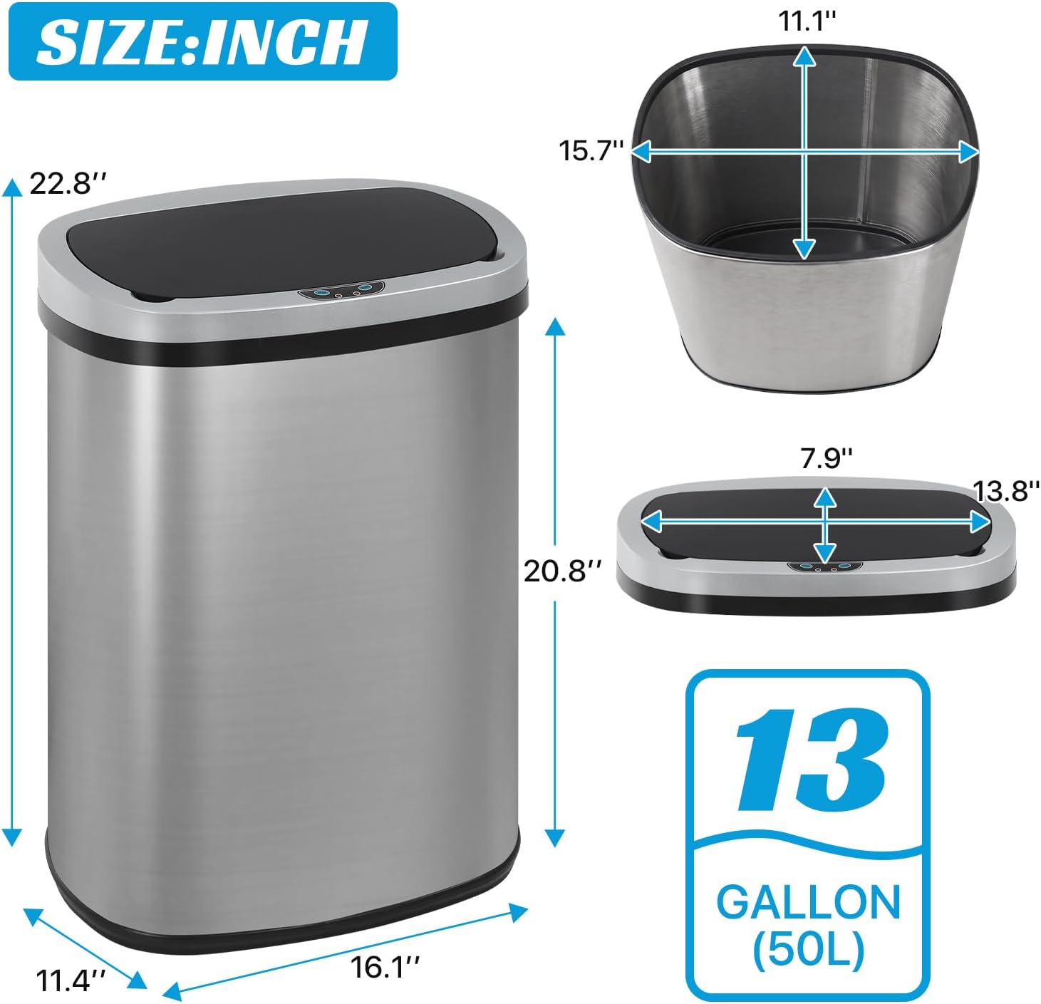 Kitchen Trash Can | Stainless Steel 13 Gallon Trash Can | 50L Touch Free Garbage Can with Lid | Electronic Sensor High Capacity Trash Bin for