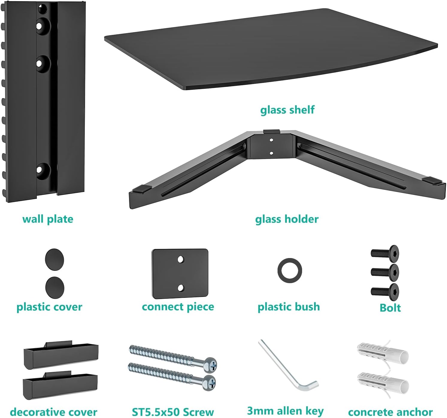WALI Floating TV Shelf, 2 Tier Glass Projector Shelf for DVD Players, Routers, Game Consoles, Cable Boxes, Living Room Decor, Wall Mount Shelves Hold Up to 17.6lbs (CS202B), 2-Shelf, Black