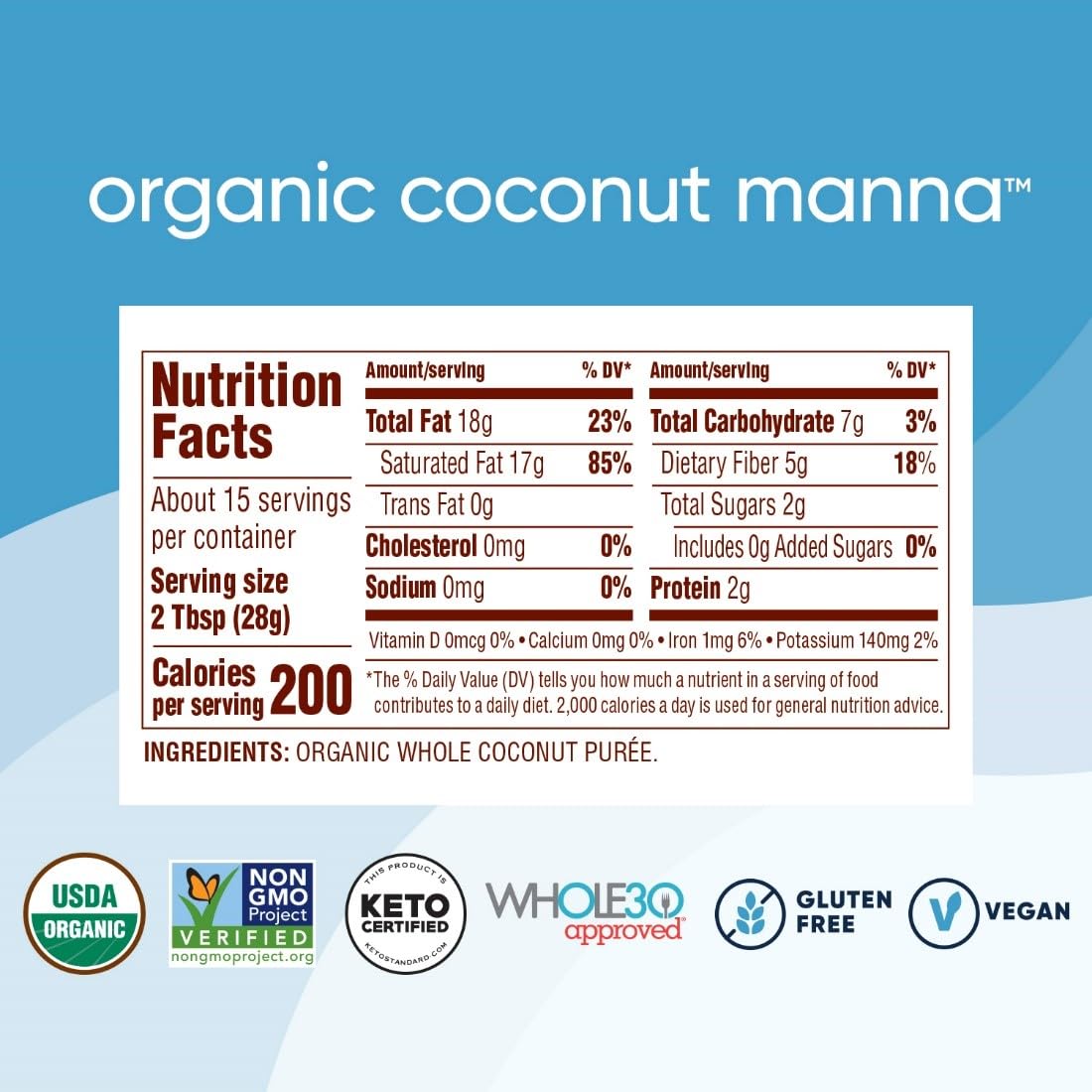 Nutiva Organic Coconut Manna Puréed Coconut Butter, 15 Oz (Pack of 2), USDA Organic, Non-GMO, Whole 30 Approved, Vegan, Gluten-Free & Keto