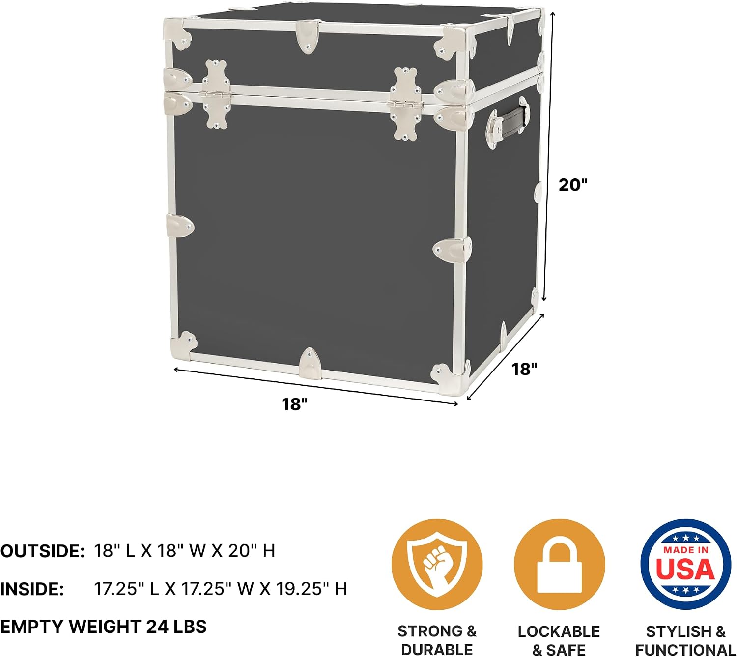 Rhino Classic Cube Trunk, College Dorm Footlocker & Home Storage End Table | 18"L x 18"W x 20"H, 1500+ lb Capacity, Baltic Birch Plywood, Nickel Plated Steel, Durable, Office Storage, Dorm Room