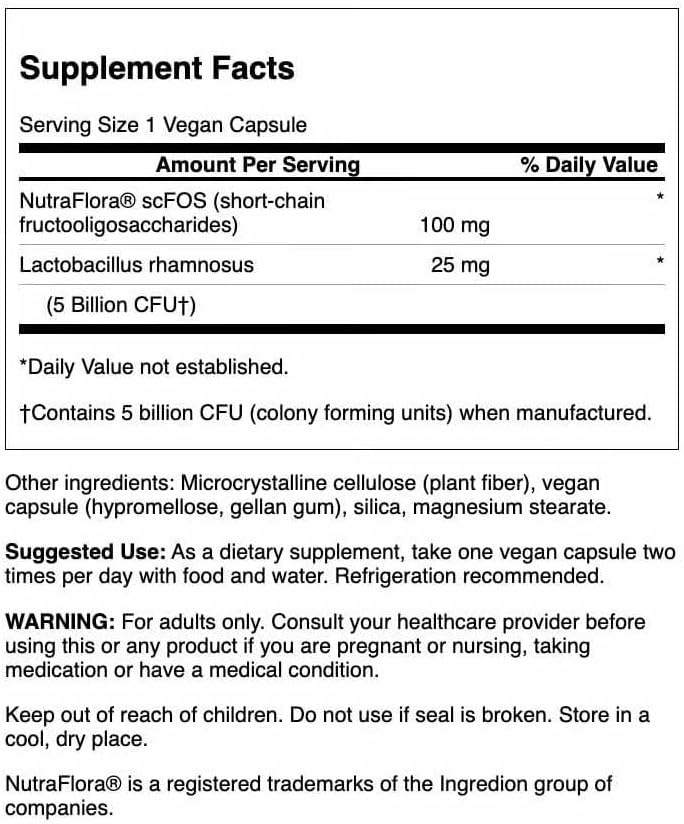 Swanson Lactobacillus Rhamnosus with FOS, 5 Billion CFU, 60 Veggie Capsules | Digestive Health Support with Fructooligosaccharides, Probiotic Support for Gastrointestinal Health, Acid-Resistant Vegan