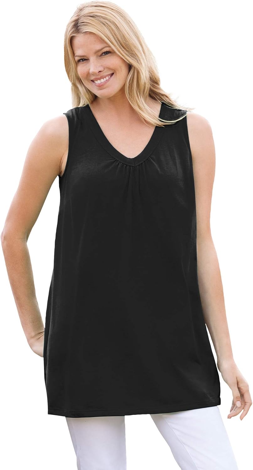 Woman Within Perfect Sleeveless Shirred V-Neck Tunic