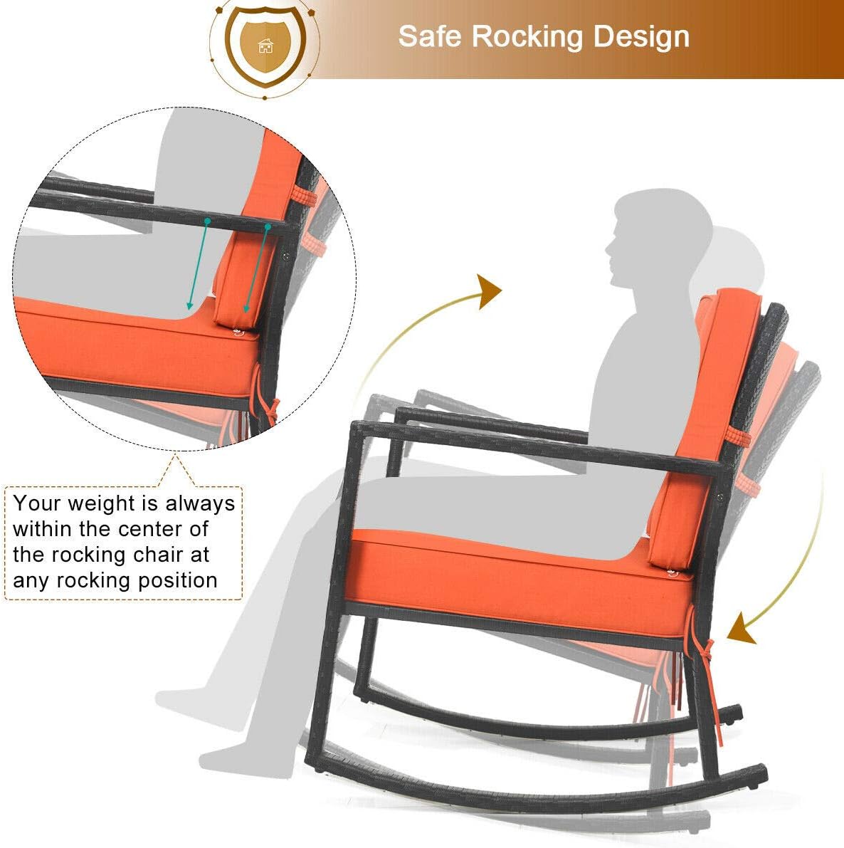 Tangkula Wicker Rocking Chair, Outdoor Glider Rattan Rocker Chair with Heavy-Duty Steel Frame