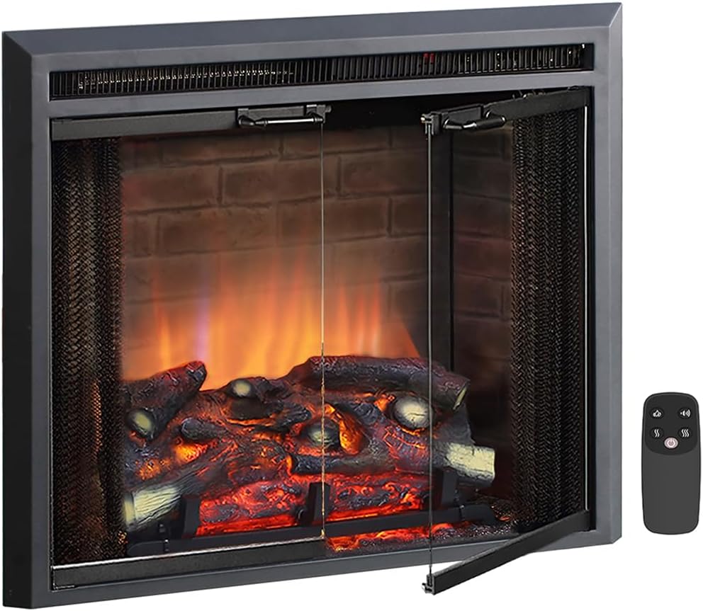 PuraFlame Klaus Electric Fireplace Insert with Fire Crackling Sound, Glass Door and Mesh Screen, 750/1500W, Black, 29 15/16 Inches Wide
