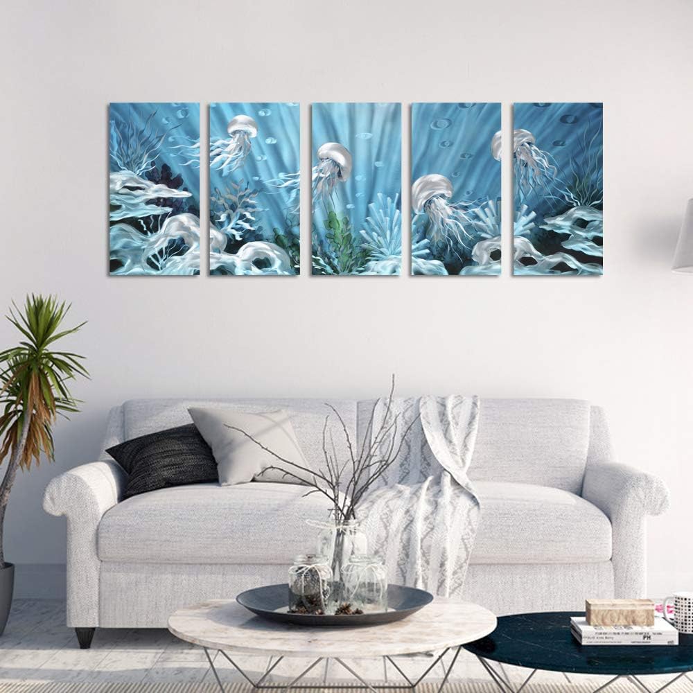 Yihui Arts Handcrafted 3D Metal Wall Art - Ocean Wave Sculpture, 5 - Panel Aluminum Decor for Living Room, Bedroom & Office