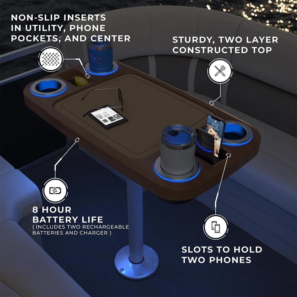 Manufacturers' Select Battery Op Lit Marine Boat Table Leg Set. Large Top with Blue LED Drink Holder. Pontoon Accessories