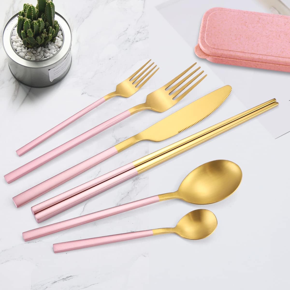AARAINBOW 6 Pieces 18/8 Stainless Steel Flatware Set Portable Reusable Cutlery Set Travel Utensils Set Including Chopsticks Knife Fork Spoon Straws