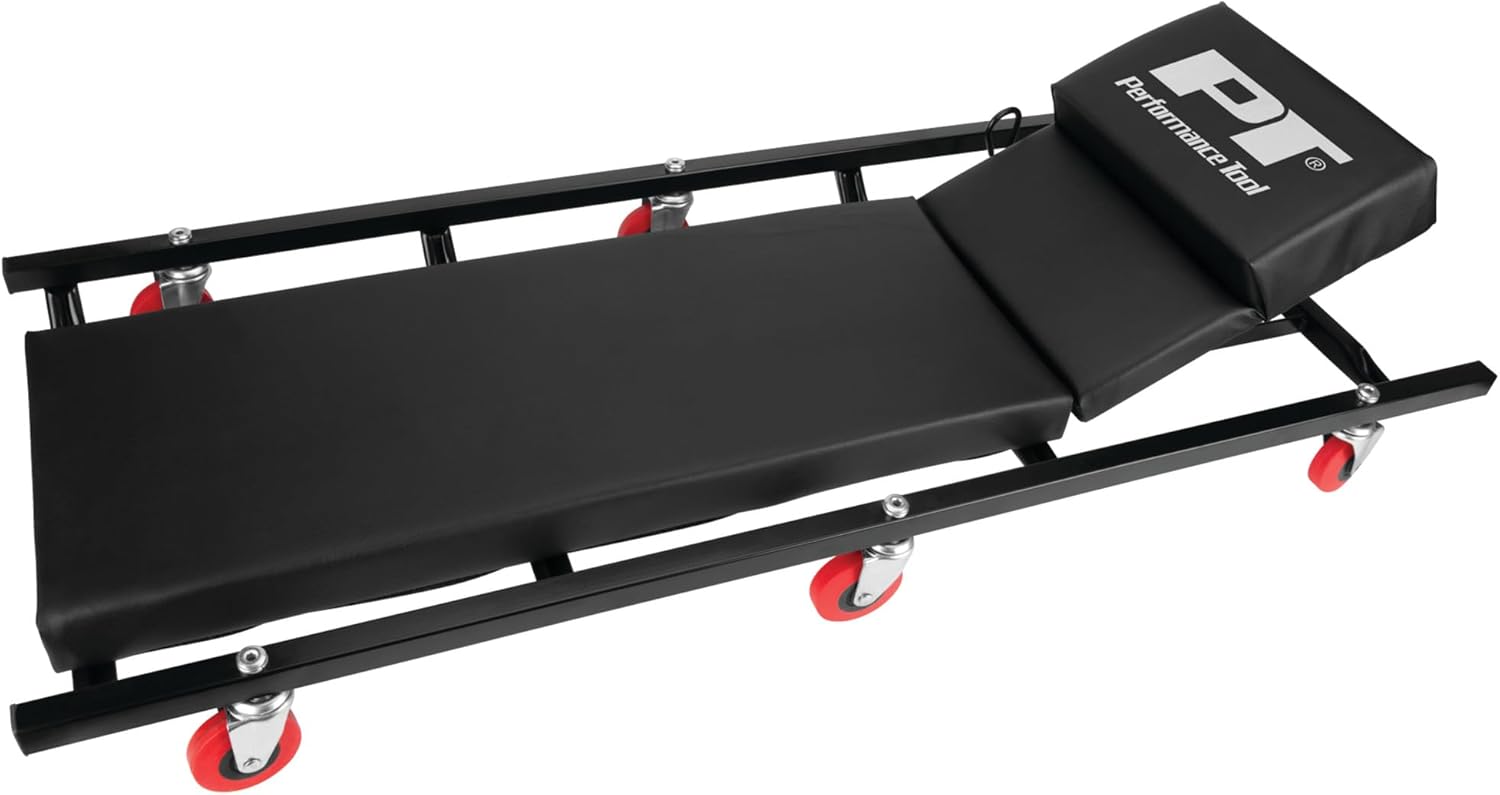 Performance Tool W85005 40 in. 6-Caster Rolling Shop Creeper | Automotive mechanics creeper with adjustable headrest. Heavy duty steel frame. Padded