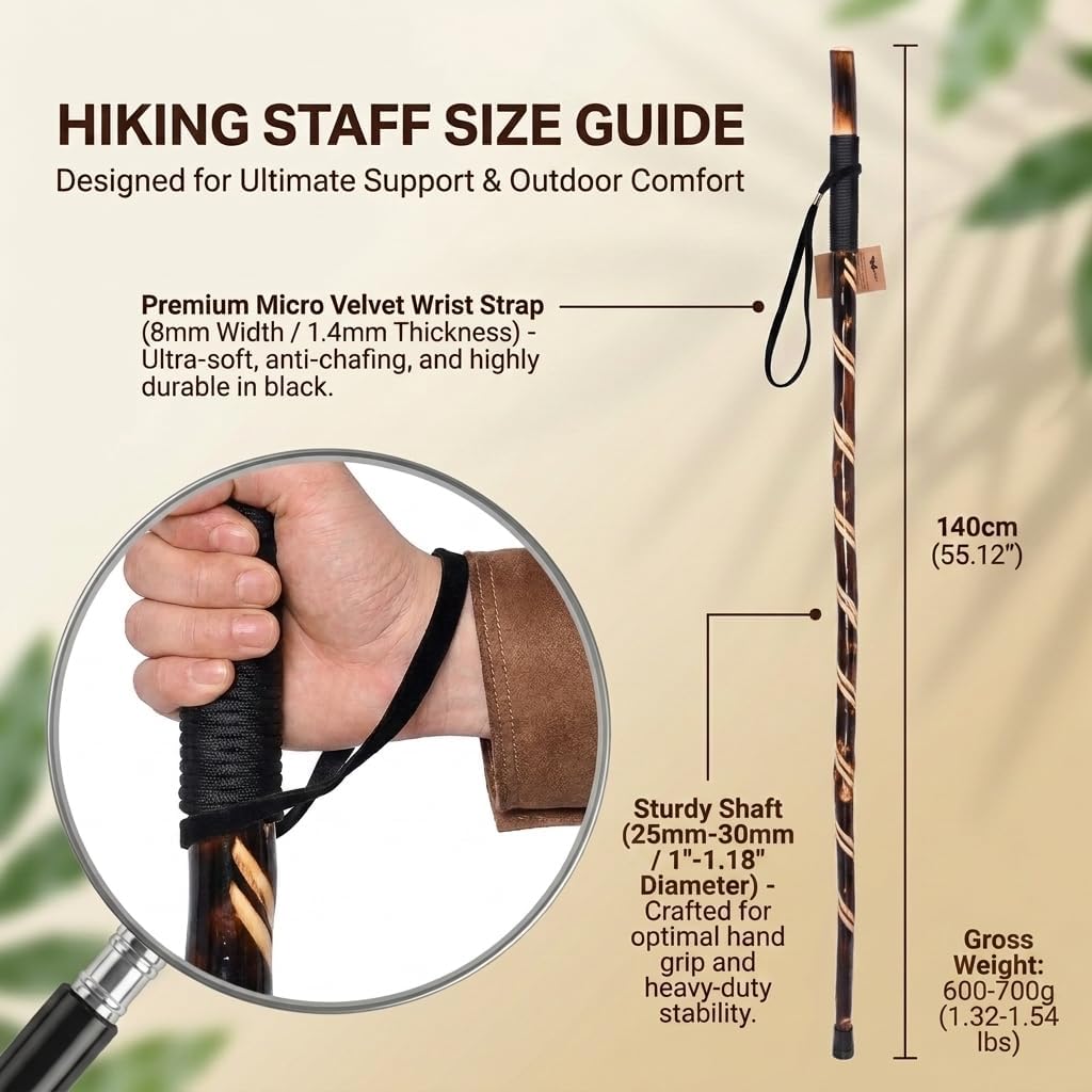 FOREST PILOT Handcrafted Nature Wood Hiking Stick 55 Inches Long - with Hand Strap and Rubber Tip Cover - Transparent Waterproof Painting Coating