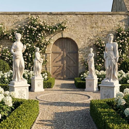 AFD Home Four Seasons Set of 4 Faux Stone Statues on Base | Garden Decoration