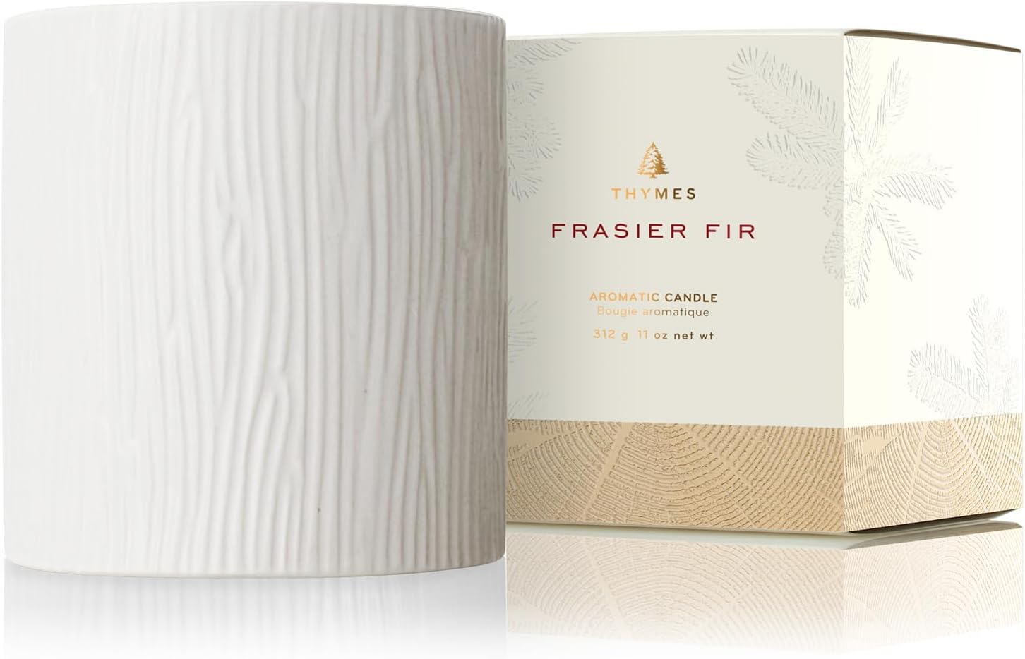 Thymes Frasier Fir Candle - Gilded Collection - Wood Grain Ceramic Design with 24-Karate Gold Rim - Mountain Fresh Fragrance - Elegant Winter Candle Scents - Gifts for Women & Men (3-Wick, 20 oz)