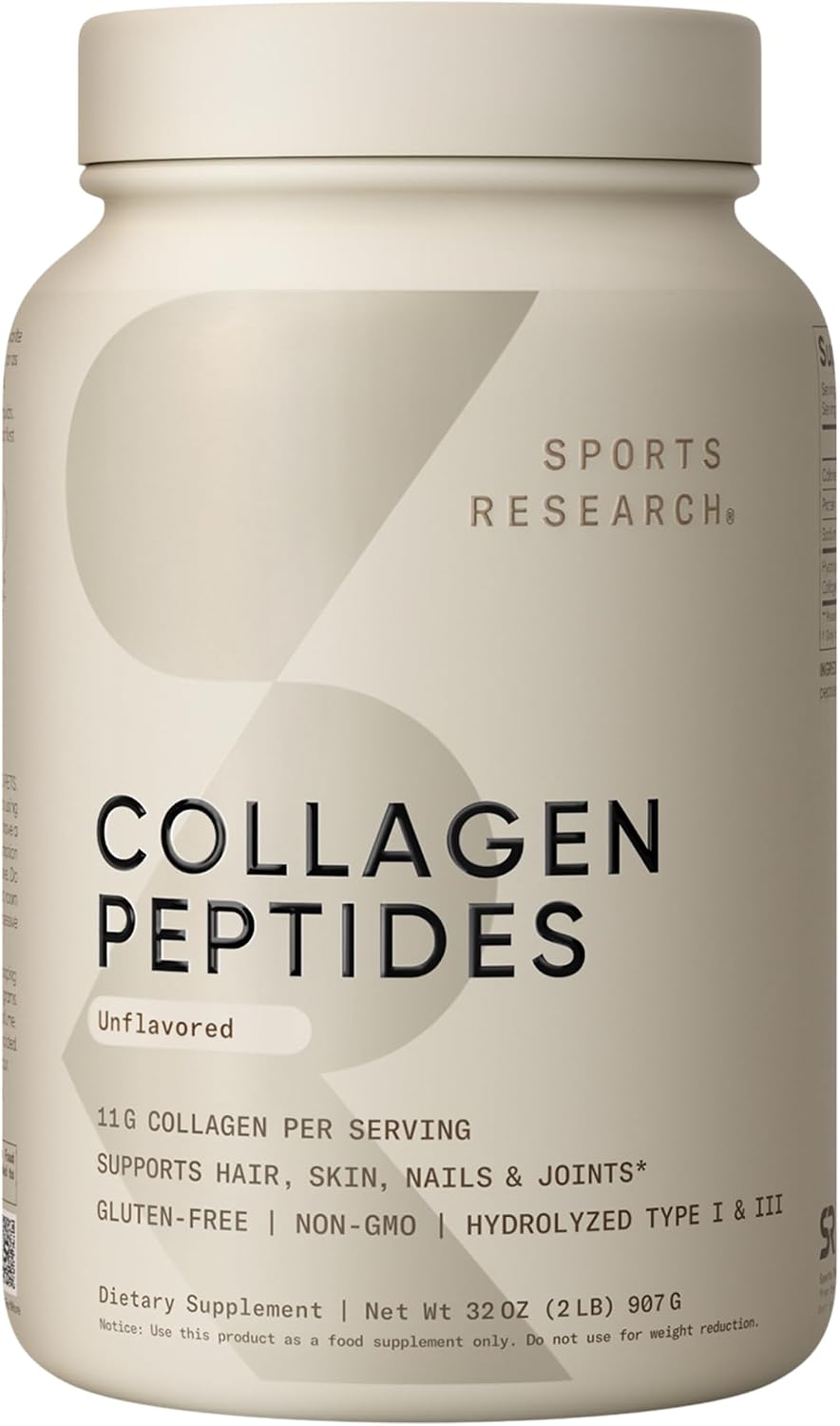 Sports Research® Collagen Peptides Protein Powder 16oz (Unflavored) | 11g Grass-Fed Collagen per Scoop · Hair, Skin & Joint Support · Easy to Mix in Coffee & Shakes - 41 Servings