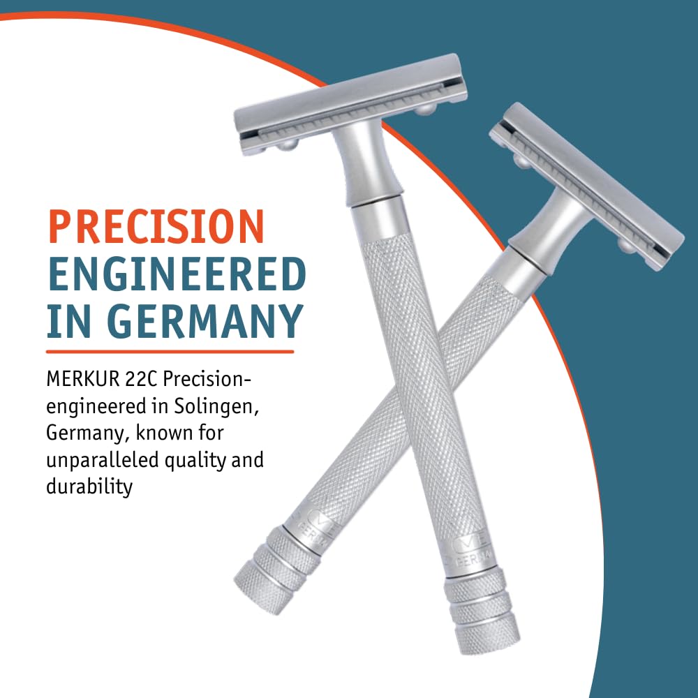MERKUR 23C Double Edge Safety Razor - Polished Chrome, Long Knurled Brass Handle, Made in Germany, Plastic-Free, Three Piece Design, Closed Comb, Straight Bar