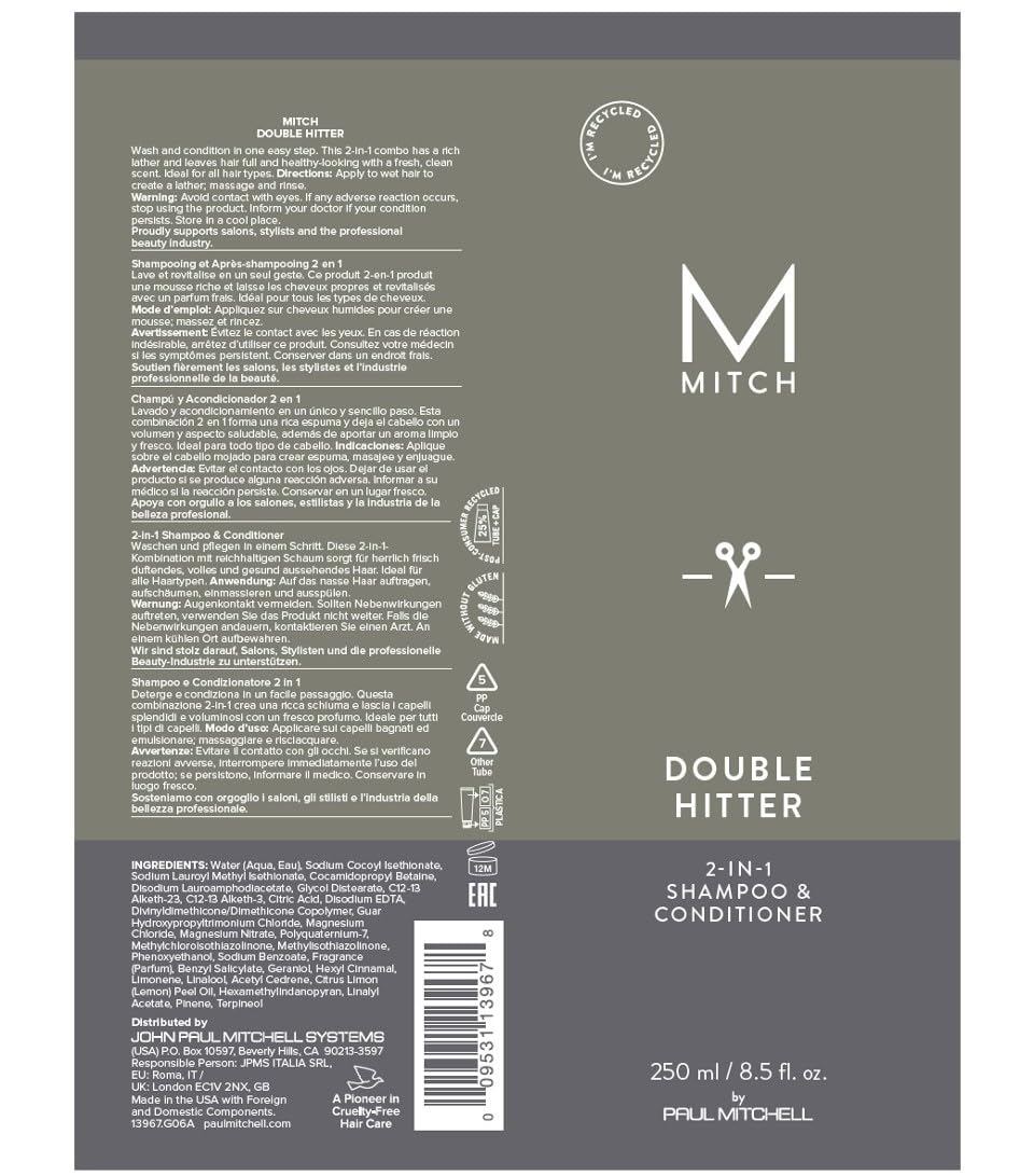 MITCH by Paul Mitchell Double Hitter 2-in-1 Shampoo & Conditioner for Men, For All Hair Types