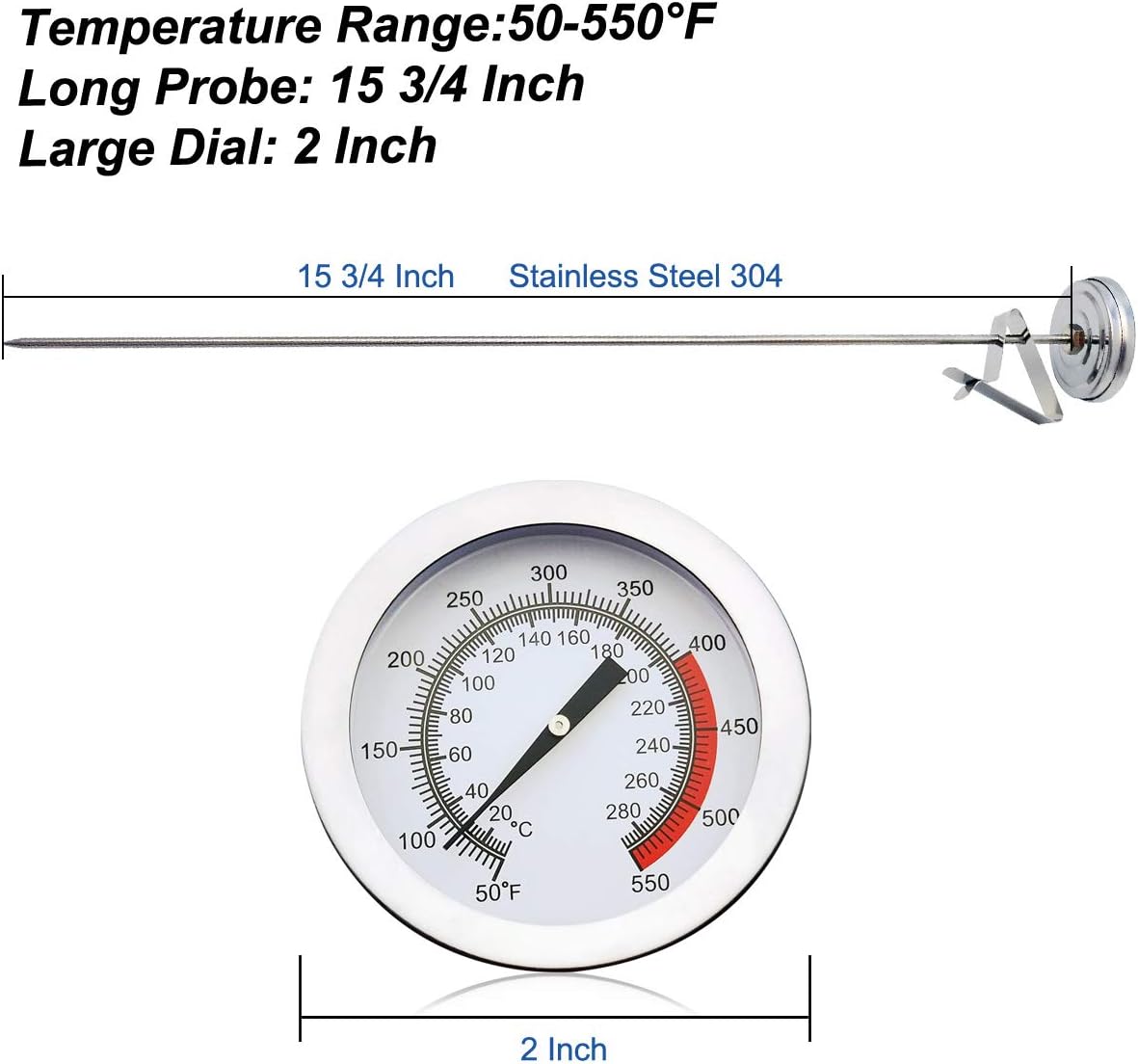 Efeng 15“ turkey fryer thermometer with pot clip (2 Pack), 2" dial candy thermometer with stainless steel clip, oil thermometerr for frying